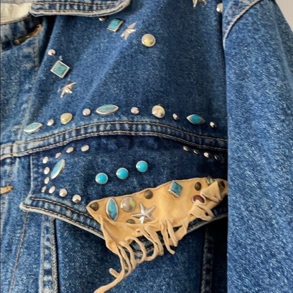 Vintage Jean Denim Frayed Edge Stud & Embellished FREEGO Leather Cropped Jacket - Picture 5 of 9